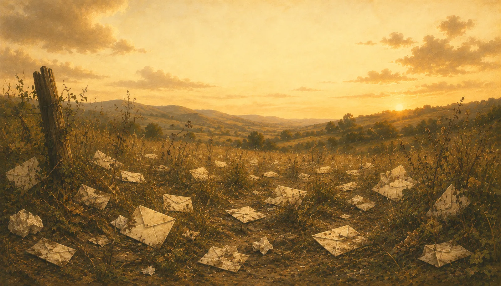 An overgrown field of scattered, trampled envelopes left untended at dusk