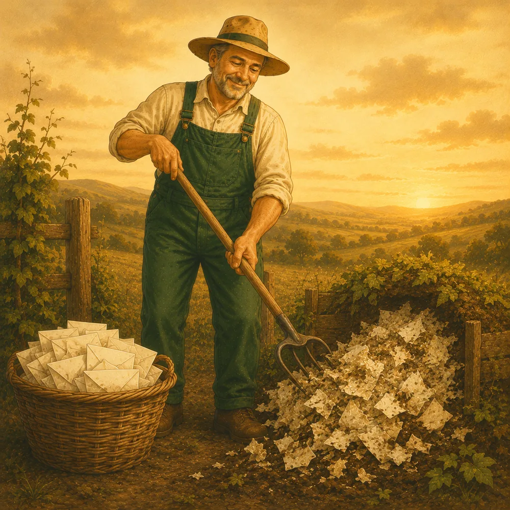 A gleaner composting spent envelope husks while keeping only the good contact cards
