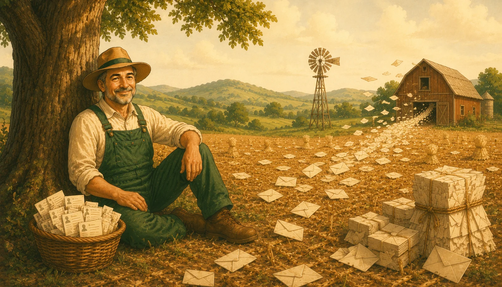 A gleaner watching a field of golden wheat that tends itself