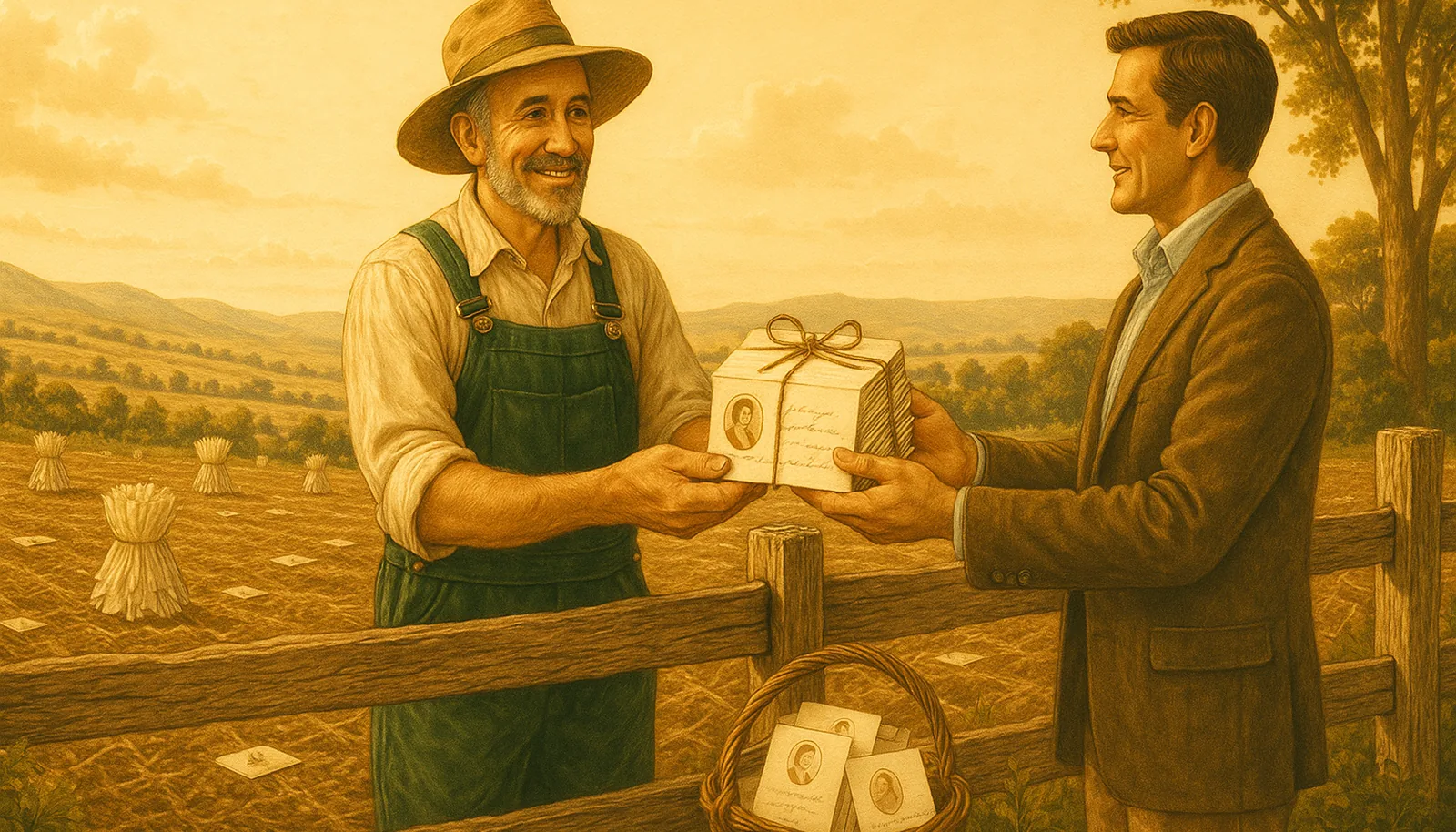 A gleaner handing a twine-tied bundle of contact cards across a farm fence