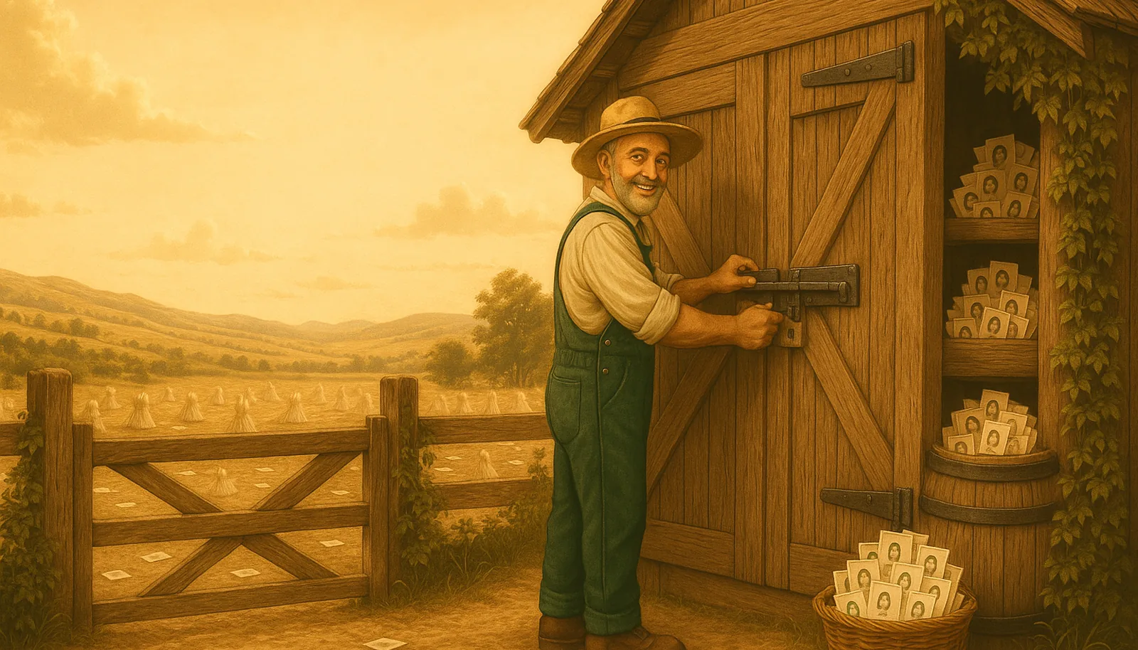 A gleaner securing the barn where the gathered contact cards are kept