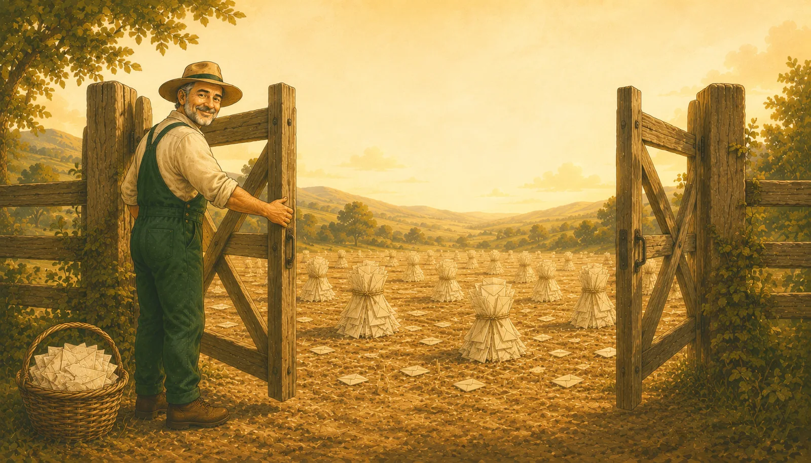 The gleaner opening a field gate in welcome