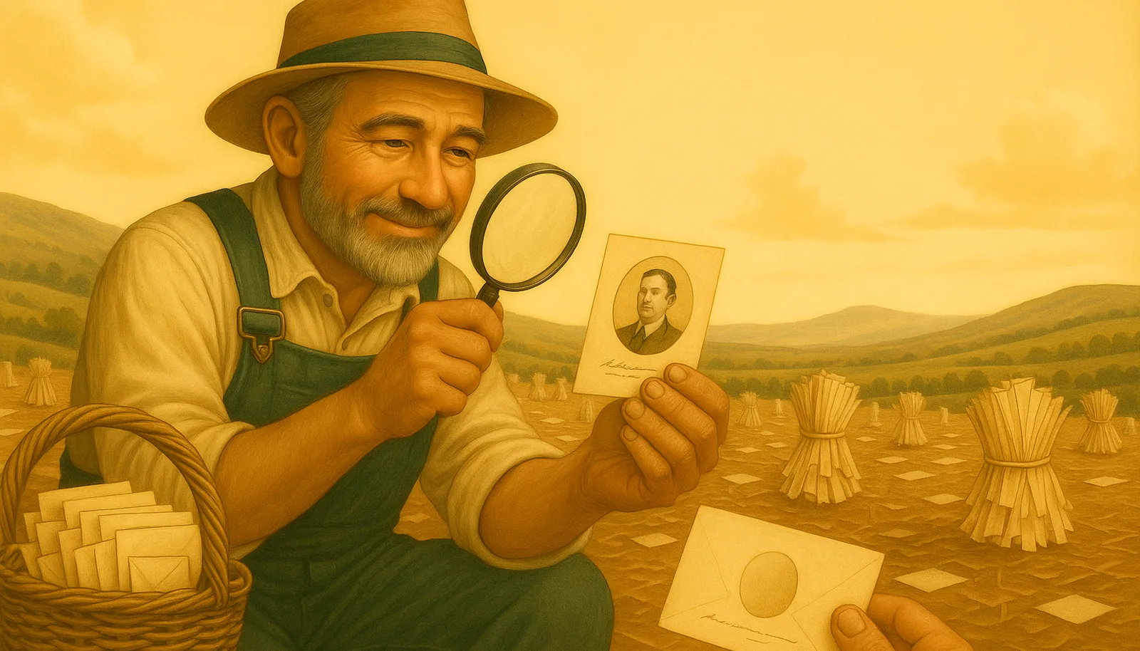 A gleaner studying a contact card through a magnifying loupe in a golden field