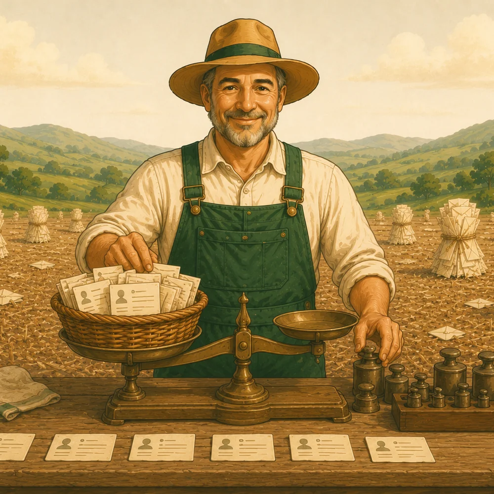 A gleaner weighing a basket of gathered contact cards on a balance scale