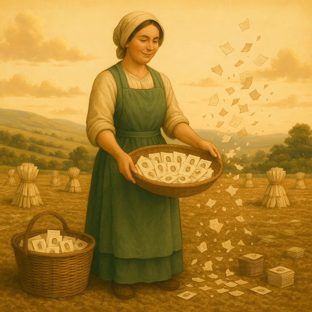 A gleaner winnowing — clean contact cards kept on the sieve while torn envelope scraps fall away